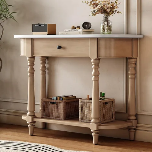 Vista 17 de Knocbel Mesa consola Half Moon con puerta con patrón de ondas, mesa auxiliar de sofá semicírculo con 2 cajones de almacenamiento y estante inferior