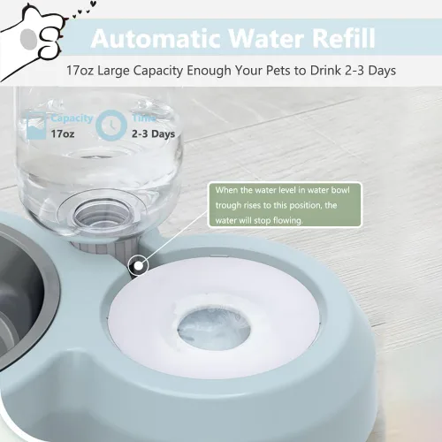 Vista 2 de Juego de cuencos para perros y cachorros con dispensador de agua y tazón de acero inoxidable, tapete antideslizante, comedero desmontable para Azul