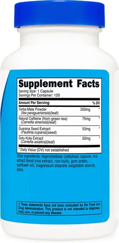 Vista 5 de Nutricost Natural Energy Pills Complex 120 cápsulas, sin gluten, sin OMG 100mg de cafeína, con guaraná, gotu kola y yerba mate