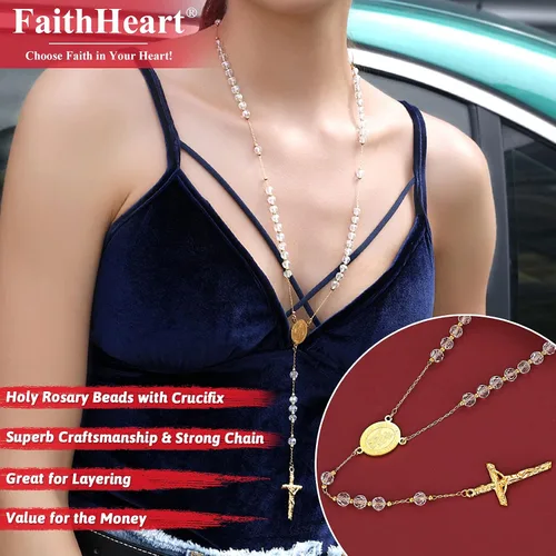 Vista 3 de FaithHeart Christian Rosary Bead Cross Necklace for Women Men, Stainless Steel Praying Rosary Y Necklace Jewelry, Gift Box