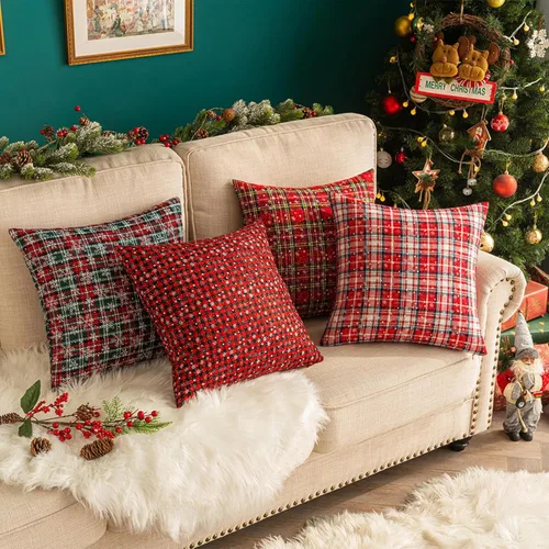 Vista 4 de MOJUN Paquete de 2 fundas de almohada decorativas de Navidad, fundas de almohada de copo de nieve a cuadros de Navidad, decoración de vacaciones