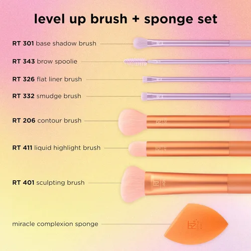 Vista 4 de Real Techniques - Juego de 8 piezas de brochas y esponjas Level Up, brochas de maquillaje para sombra de ojos, base, colorete y bronceador, esponja