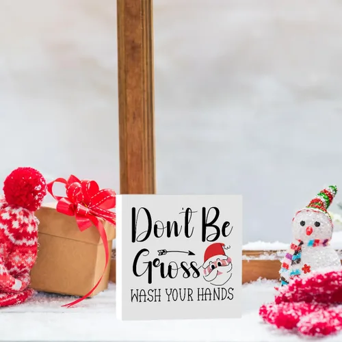 Vista 3 de Divertida decoración de Navidad para baño, decoración de Navidad para interiores, decoración de Papá Noel, decoración de madera con texto en inglés