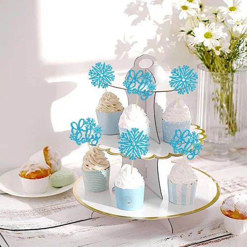 Vista 6 de Gyufise 24 adornos de copos de nieve Oh Baby para cupcakes con purpurina azul, decoración de pastel de baby shower congelado para baby shower