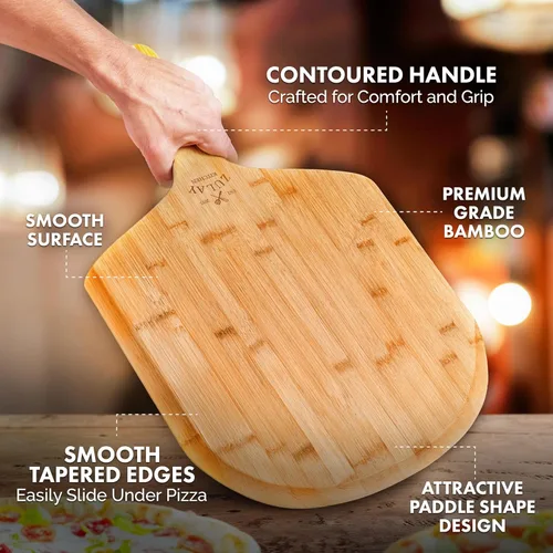 Vista 3 de Zulay (mediana de 12 pulgadas) auténtica madera de bambú para pizza, paleta de pizza de bambú natural con bordes fáciles de deslizar y mango