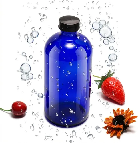 Vista 6 de Botellas de vidrio azul de 16 onzas con tapas reutilizables (paquete de 2), botella de almacenamiento Boston, dispensación para extracto de vainilla
