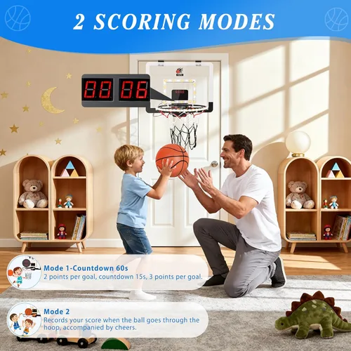 Vista 3 de CYFIE Mini aro de baloncesto para interiores para niños con luz LED, ventosa/aro de baloncesto sobre la puerta con marcador y 3 bolas, juguetes