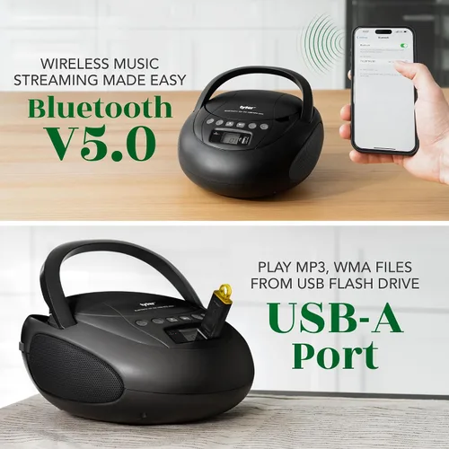 Vista 5 de Tyler Reproductor de CD portátil Boombox con radio FM, Bluetooth y puerto USB Sonido estéreo claro Compatible con CD-R/RW y MP3 CDs Entrada