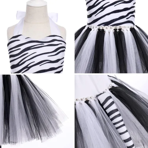 Vista 4 de IWEMEK Vestido de cosplay con temática de selva para niñas, estampado de leopardo, tutú para Halloween, Navidad, cumpleaños, fiesta, conjunto de 3