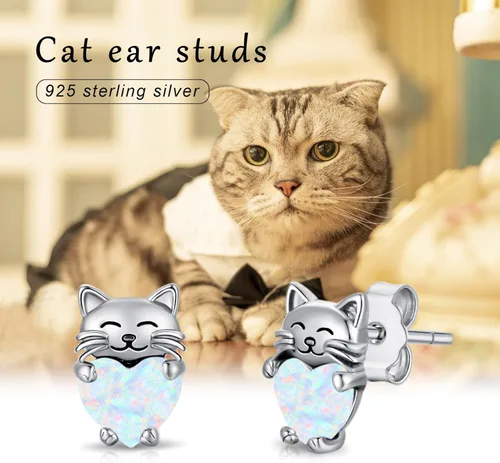 Vista 7 de Aretes de plata de ley 925 con diseño de gato, bonitos aretes de gato con diseño de gatito, joyería de regalo para mujeres y niñas, aretes