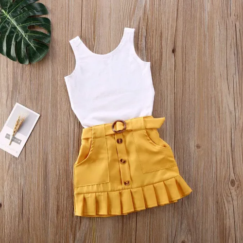 Vista 7 de Conjunto de 2 faldas para bebé niña pequeña, sin mangas, chaleco con botones y falda plisada