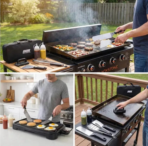 Vista 2 de Accesorios de plancha plana para parrilla Blackstone y Camp Chef - Juego de 9 piezas con kit de limpieza de plancha y bolsa de transporte. Espátula