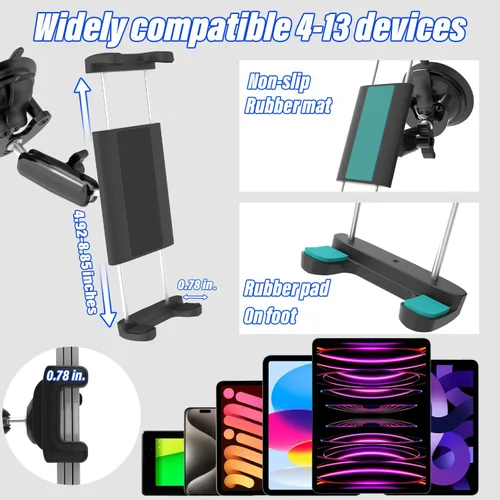Vista 6 de Soporte para tablet de automóvil, brazo ajustable de metal duradero, soporte para tableta para parabrisas y salpicadero de automóvil, soporte