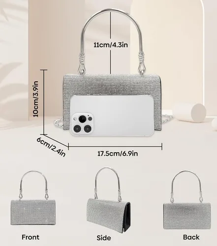 Vista 2 de Comeon Bolso de mano de noche con purpurina y diamantes de imitación brillantes para mujer, bolso plateado con cristales brillantes para baile