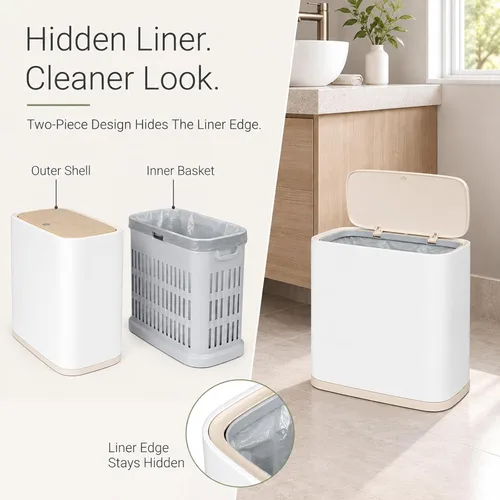 Vista 5 de Basurero pequeño para baño con tapa, 3.2 galones, color blanco Tapa de madera