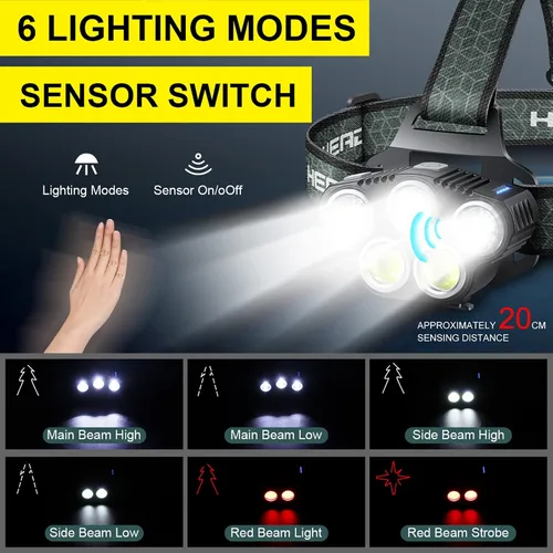 Vista 2 de Linterna frontal recargable de 5 LED multicolor brillante con opción de luz roja para adultos, IPX5, impermeable, USB C, correr, lectura