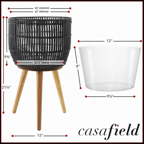 Vista 4 de Maceta Casafield para Interior con Soporte, Maceta de Piso Negra con Patas de Madera, Gran Cubierta de Maceta con Forro para Plantas de Casa