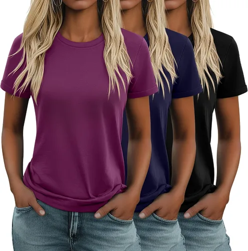 Vista 36 de Huukeay Paquete de 3 camisetas de algodón para mujer, estilo casual, de manga corta, cuello redondo, ajuste holgado, básica, lisa