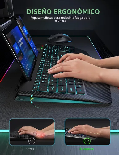 Vista 3 de Teclado y Mouse Inalámbricos con Retroiluminación, Reposamuñecas, Mouse LED, Teclado Ergonómico Recargable con Soporte para Teléfono, Combo