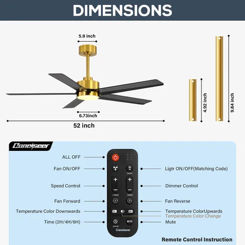Vista 7 de Conciseer - Ventiladores de techo de 52 pulgadas con luces y control remoto para dormitorio, sala de estar, cocina, oficina, uso interior/exterior