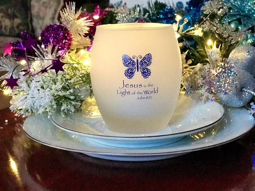 Vista 6 de Jesús es la luz del mundo inspirador de cristal para té y portavelas votivo (azul)
