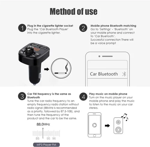 Vista 3 de Transmisor FM Bluetooth para coche, adaptador inalámbrico Bluetooth Rudio Aux Kit de coche reproductor MP3 receptor audio música estéreo, llamadas