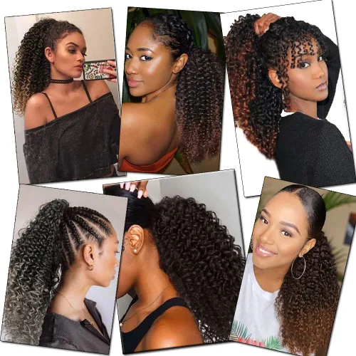 Vista 6 de Cola de caballo con cordón para mujeres negras, rizado de 16 pulgadas, extensiones de cola de caballo negro natural (1b)