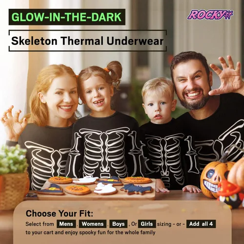 Vista 2 de Rocky Skeleton Thermal Underwear (Glow In The Dark) Halloween Girls, Boys, Mens, Womens Scary Warm Pajamas