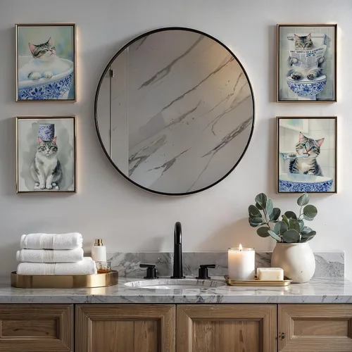 Vista 2 de DEQSX - Juego de 4 impresiones divertidas de arte de pared de baño de estilo chino azul y blanco con gatos, regalos para amantes de gatos, pósters