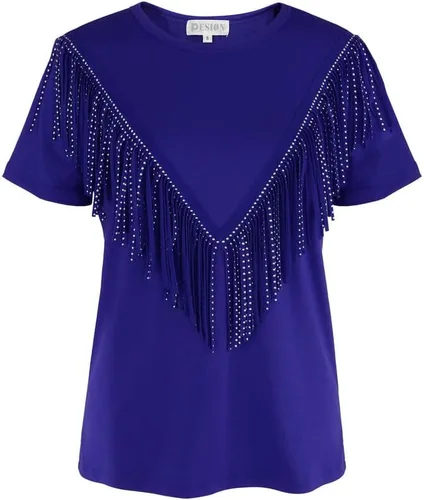 Vista 6 de PESION Camisas de manga corta con flecos para mujer, blusa con ribete de borlas