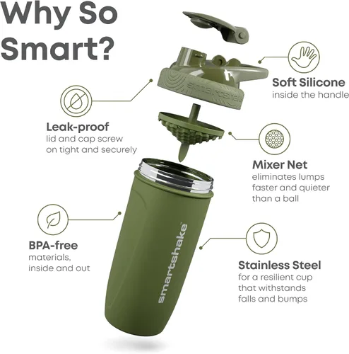 Vista 4 de Smartshake Reforce - Botella mezcladora de proteínas de acero inoxidable, sin aislamiento, unisex, para gimnasio, botellas agitadoras de metal, 30.4