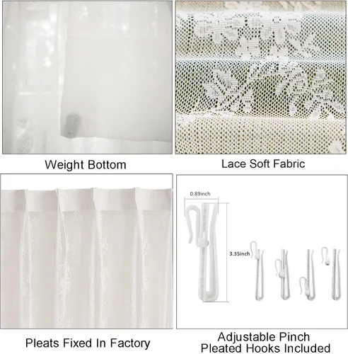 Vista 5 de Cortinas traslúcidas de encaje blanco de 45 pulgadas de largo, paneles de cortinas plisadas para ventana, 26 pulgadas de ancho x 45 pulgadas