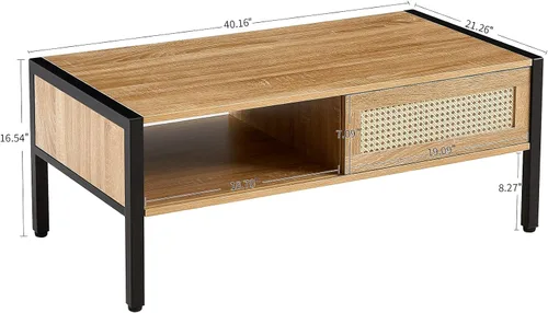 Vista 2 de Mesa de centro moderna de mediados de siglo con almacenamiento, mesa rectangular de madera de 40.16 pulgadas con panel de puerta deslizante de ratán