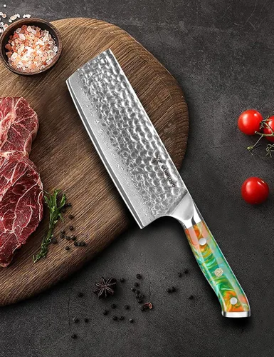 Vista 5 de 7“ Nakiri Knife - Hammered Damascus Steel & Resin Handle - YAO Series