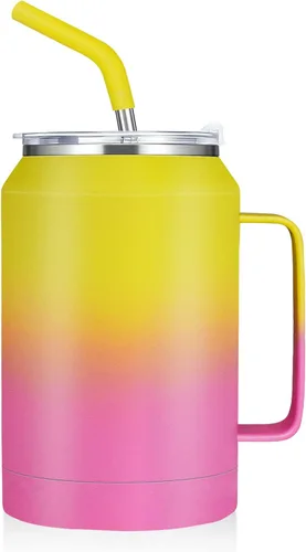 Vista 18 de zenbo - Vaso de acero inoxidable aislado al vacío con asa, tapa y popote, mantiene las bebidas frías hasta 36 horas, cuerpo a prueba de sudor, apto
