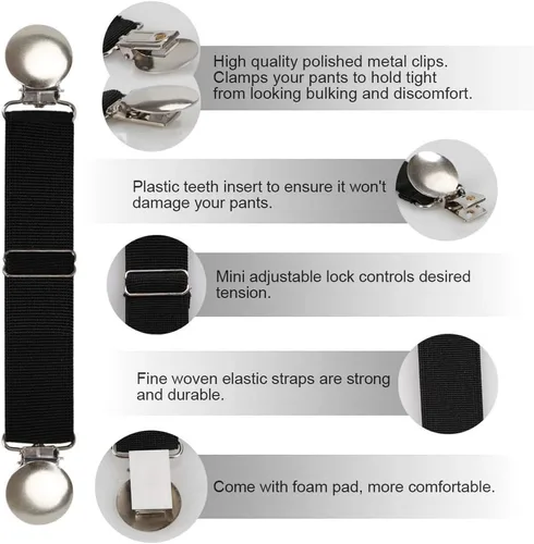 Vista 10 de Boncas Clips elásticos ajustables mejorados para botas, clips para pantalones, estribos, correas para piernas que mantienen tus pantalones metidos