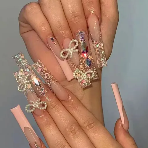 Vista 9 de Uñas postizas a presión de longitud cuadrada larga, cobertura completa, reutilizables, uñas postizas de bailarina, uñas adhesivas con diseños