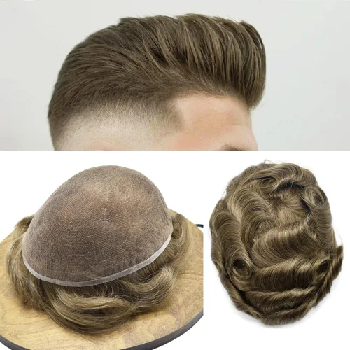 Vista 12 de Completo suizo encaje tupé para hombres pieza de pelo real sistema de reemplazo de cabello humano para hombres Toupee Hairpieces para hombres 7x9