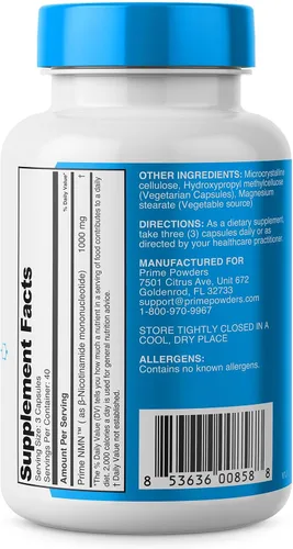 Vista 4 de Prime Powders Cápsulas NMN - 1000 mg por porción - Mononucleótido de nicotinamida estabilizado - Alta potencia extra fuerte - 120 cápsulas
