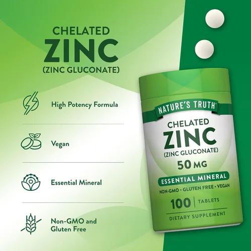 Vista 5 de Nature's Truth Zinc quelado de 50 mg 100 tabletas Suplemento mineral esencial de gluconato de zinc Vegano, sin OMG y sin gluten