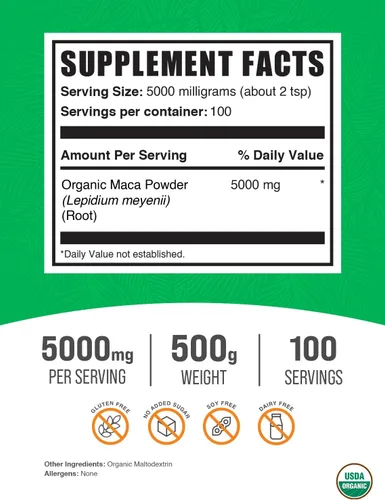 Vista 2 de BulkSupplements. com Polvo de maca orgánica - Polvo de raíz de maca orgánica, suplemento superalimentario, sin gluten, 0.18 oz por porción, 17.64 oz
