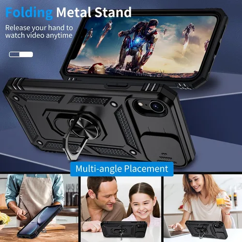Vista 6 de Funda para iPhone XR, Funda para Teléfono iPhone XR con 2X Protectores de Pantalla HD + Cubierta Deslizante para Cámara, [Grado Militar] Funda