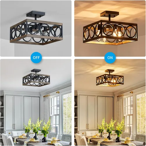 Vista 4 de XINGQI Moderna lámpara de techo semiempotrada de 4 luces de 13 pulgadas para sala de estar, comedor, dormitorio, grano de madera antigua+acabado
