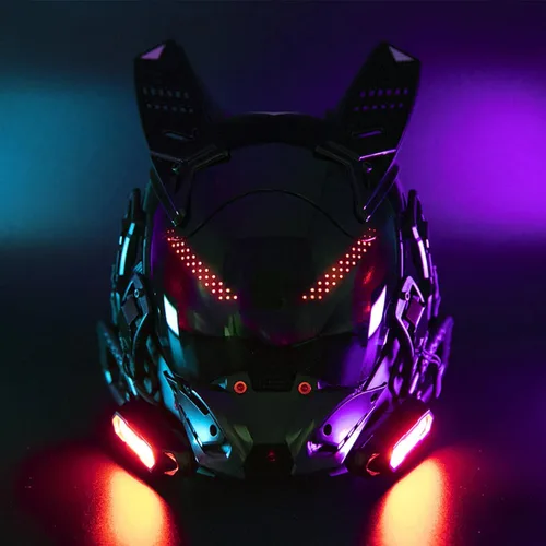 Vista 3 de Cyberpunk - Casco gótico para adultos, máscara LED Bluetooth, tecnología punk futurista, cosplay, Halloween, fiesta, festival de música (negro)
