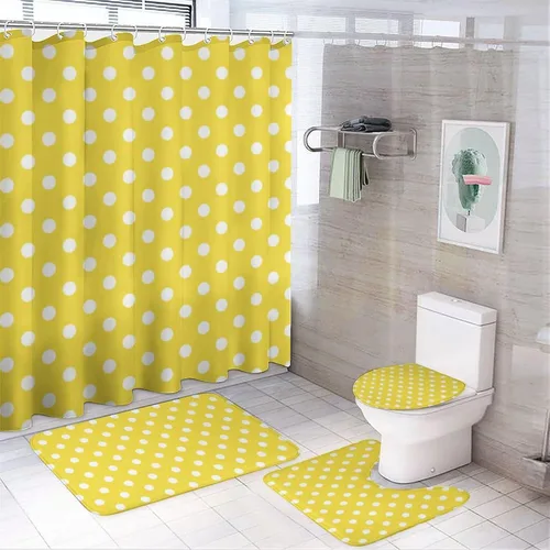 Vista 64 de Juego de 3 alfombras de baño con diseño de lunares, color azul aguamarina, antideslizante, con contorno en forma de U y tapa de inodoro