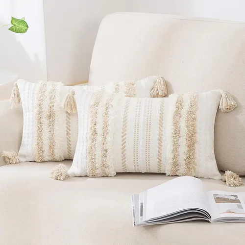 Vista 24 de decorUhome Funda de almohada decorativa bohemia de 18 x 18 pulgadas, funda de almohada de acento con textura neutra acolchada a rayas para sofá