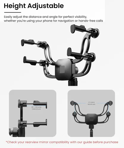 Vista 5 de Soporte para teléfono con espejo retrovisor – Soporte de teléfono de coche con brazo de metal sólido, ajuste universal para iPhone y Android, clip