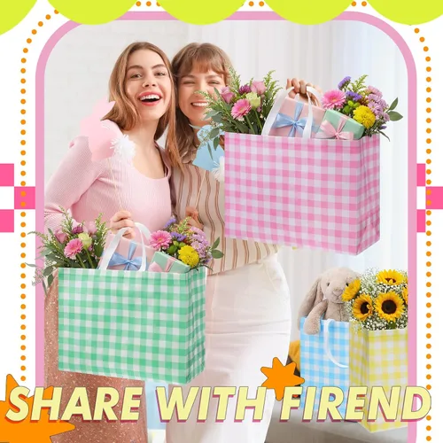 Vista 2 de Colarr 12 piezas bolsas de mano de Pascua extra grandes con asa, bolsa de regalo de primavera, no tejida, a cuadros búfalo, impermeable