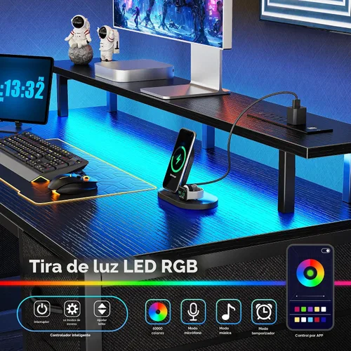 Vista 3 de Huuger Escritorio para computadora de 47 pulgadas con 4 cajones, escritorio para juegos con luces LED y tomas de corriente, escritorio de oficina