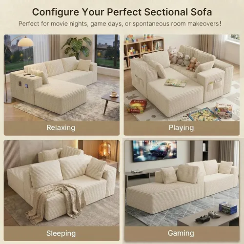 Vista 4 de Gizoon Sofá modular Cloud de 105 pulgadas con diván en forma de L, sofá modular sin hueso para sala de estar, sofá de pana tapizado con asiento Beige